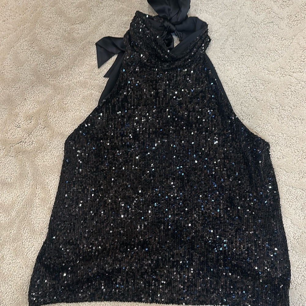 Generation Love sequined black evening top with black silk ribbon ties in back
